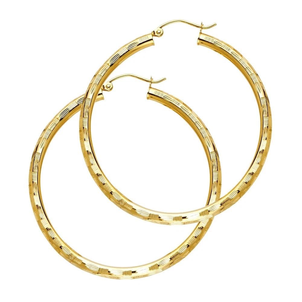 NEW 14K YELLOW GOLD 3MM DC HOOP EARRINGS: NEW 14K YELLOW GOLD 3MM DC HOOP EARRINGS 3MM DC HOOP EARRINGS NEW 14K YELLOW GOLD HEIGHT - 45 mm WIDTH - 45 mm Apx WEIGHT - 3.3 g