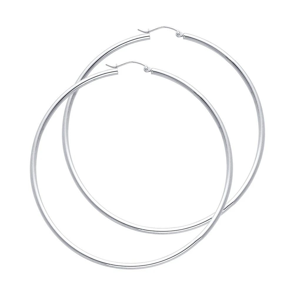 NEW 14K WHITE GOLD 2MM ROUND TUBE POLISHED HOOP EARRINGS (65MM) (1 of 2)