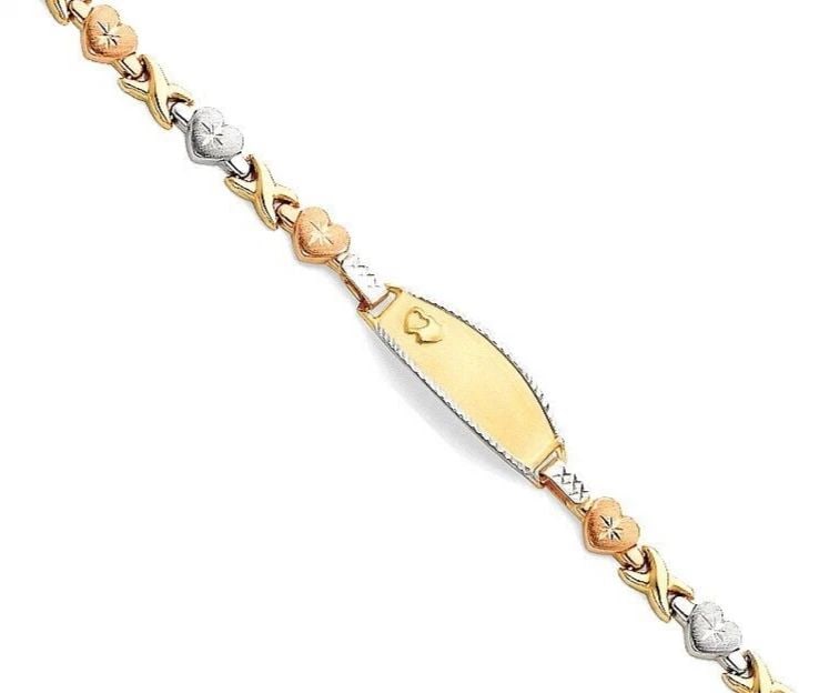 NEW 14K TRI COLOR GOLD LIGHT STAMPATO HEART X ID BRACELET FOR KIDS (1 of 2)