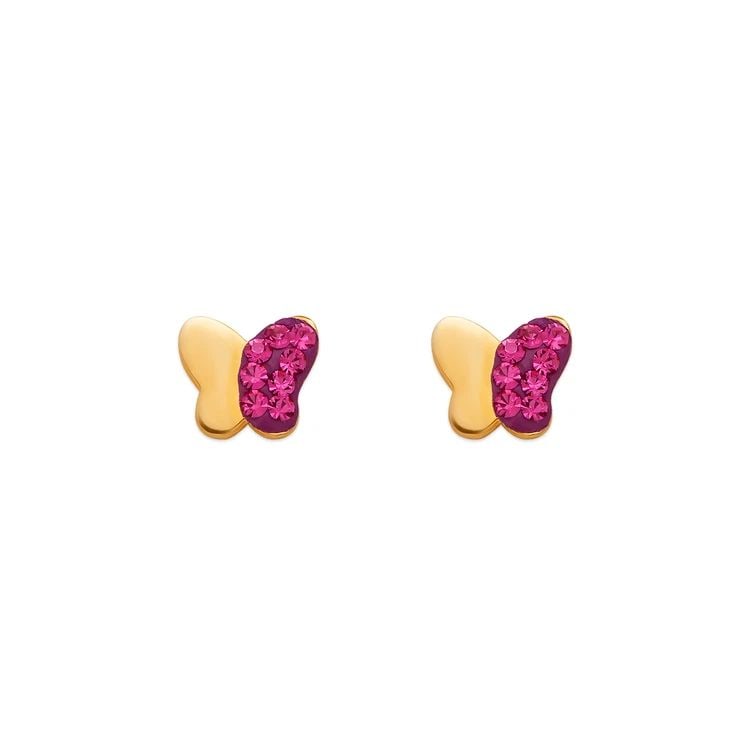 NEW 14K YELLOW GOLD PINK BUTTERFLY ENAMEL STUD EARRINGS (1 of 2)