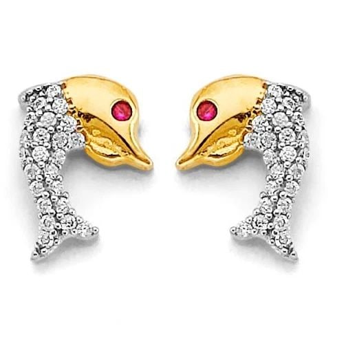 NEW 14K TWO TONE GOLD DOLPHIN PUSH BACK EARRINGS (1 of 2)