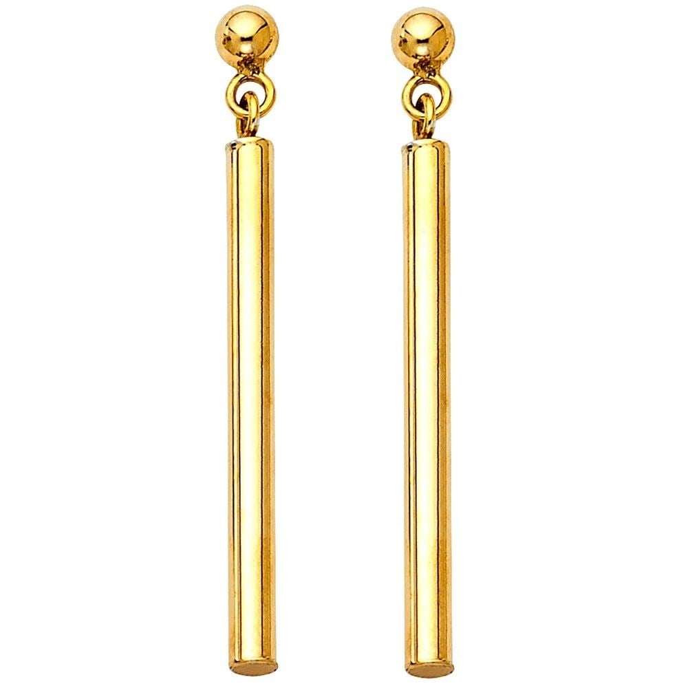 NEW 14K YELLOW GOLD ROUND BAR HANGING EARRINGS (1 of 2)
