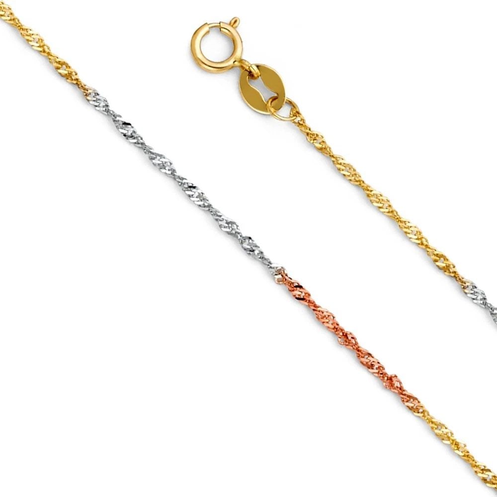 NEW 14K TRI COLOR GOLD 1.2MM SINGAPORE CHAIN: 14K TRI COLOR GOLD (1.1MM) SINGAPORE CHAIN (1.1MM) SINGAPORE CHAIN NEW 14K TRI COLOR GOLD WIDTH: 1.1mm AVERAGE Apx WEIGHT: 1.1g