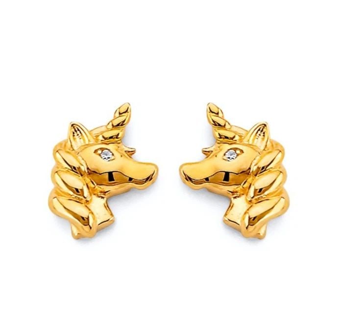 NEW 14K YELLOW GOLD UNICORN PUSH BACK EARRINGS (1 of 2)