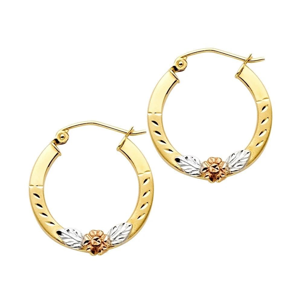 NEW 14K TRI COLOR GOLD FLOWER SQUARE HOOP EARRINGS (1 of 2)