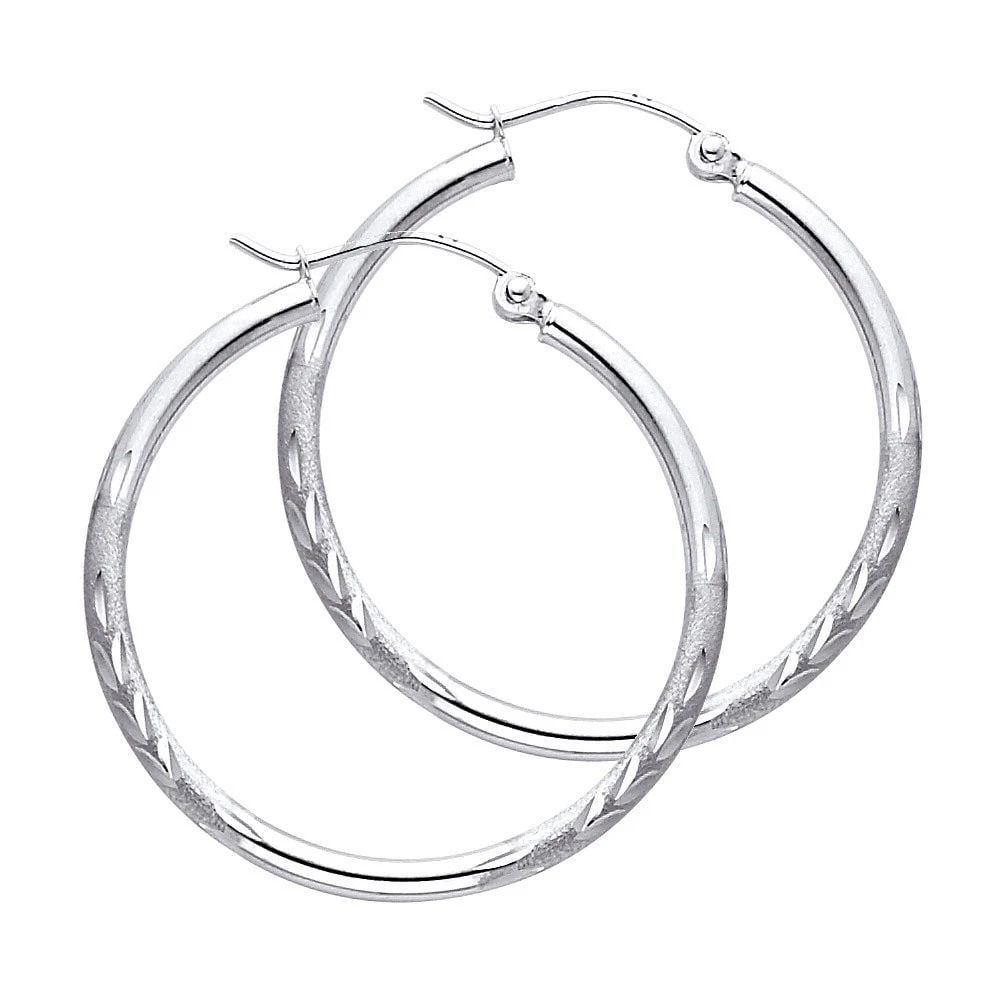 NEW 14K WHITE GOLD 2MM BUDDED DC ROUND TUBE HOOP EARRINGS (30MM): NEW 14K WHITE GOLD 2MM BUDDED DC ROUND TUBE HOOP EARRINGS (30MM) 2MM BUDDED DC ROUND TUBE HOOP EARRINGS (30MM) NEW 14K WHITE GOLD Height : 25 mm Width : 25 mm Weight : 1.4g