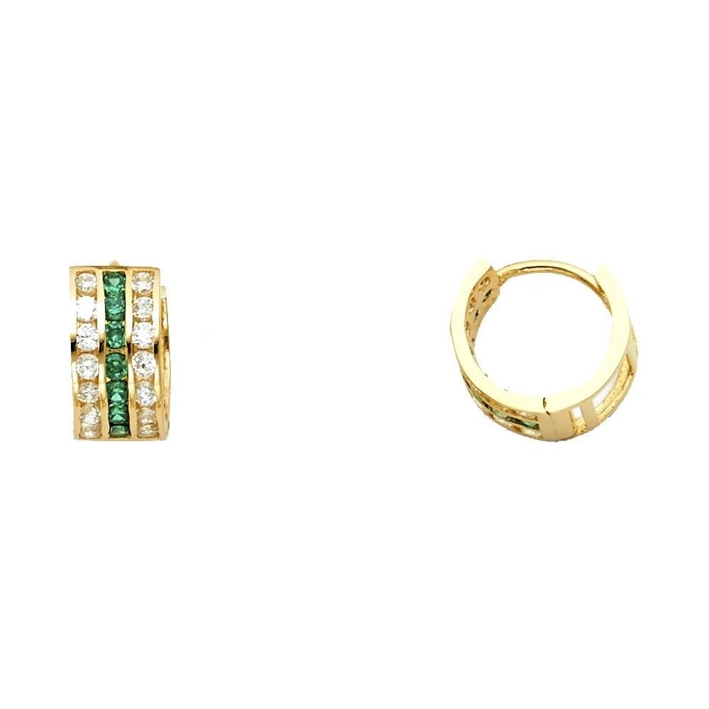 NEW 14K YELLOW GOLD GREEN & WHITE HUGGIES EARRINGS: NEW 14K YELLOW GOLD GREEN & WHITE HUGGIES EARRINGS GREEN & WHITE HUGGIES EARRINGS NEW 14K YELLOW GOLD HEIGHT - 10 mm WIDTH - 10 mm Apx WEIGHT - 1.4 g