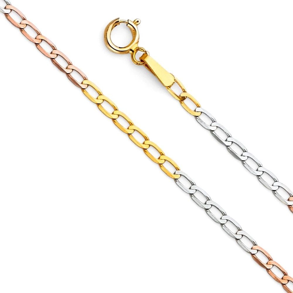 NEW 14K TRI COLOR GOLD 1.7MM FIGARO 1/1 OPEN CHAIN: 14K TRI COLOR GOLD PLATED MARINER DC CHAIN PLATED MARINER DC CHAIN NEW 14K TRI COLOR GOLD WIDTH: mm AVERAGE Apx WEIGHT: 1.4g