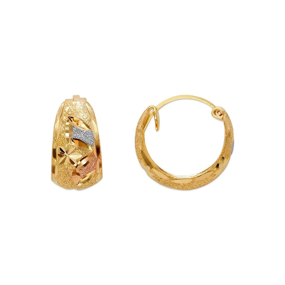 NEW 14K TRICOLOR GOLD D/C HUGGIE EARRINGS: NEW 14K TRICOLOR GOLD D/C HUGGIE EARRINGS D/C HUGGIE EARRINGS NEW 14K TRICOLOR GOLD Width: Approx. 8x15mm Apx WEIGHT: 1.9g