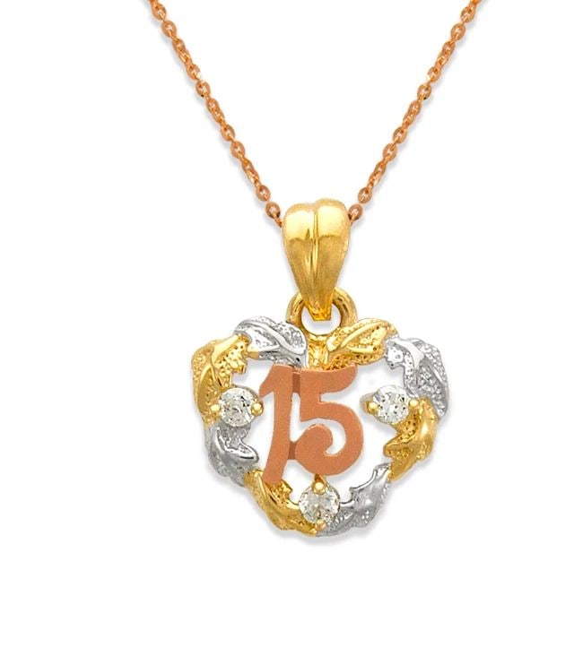 NEW 14K TRICOLOR GOLD FANCY 15 ANOS HEART PENDANT: NEW 14K TRICOLOR GOLD FANCY 15 ANOS HEART PENDANT FANCY 15 ANOS HEART PENDANT NEW 14K TRICOLOR GOLD Apx. WIDTH: 15x19mm Apx WEIGHT: 1.9g