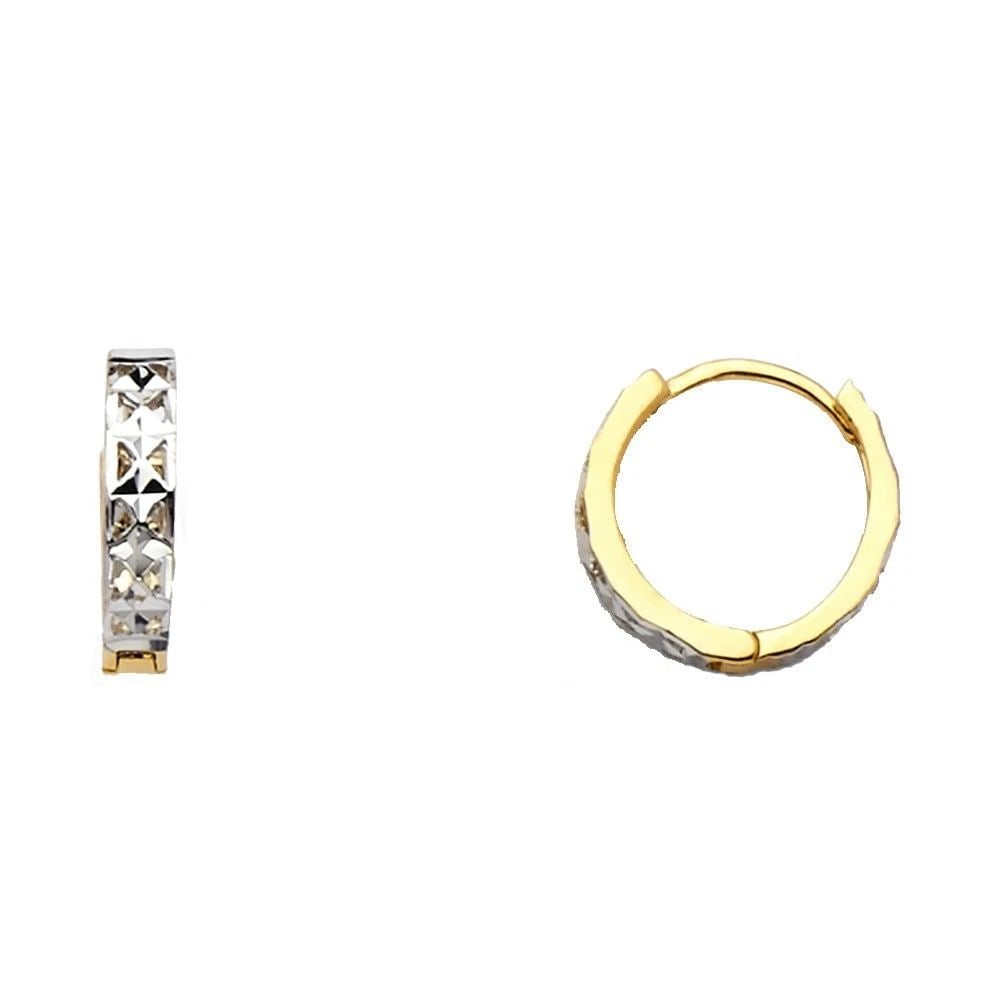 NEW 14K TWO TONE GOLD HUGGIES EARRINGS: NEW 14K TWO TONE GOLD HUGGIES EARRINGS HUGGIES EARRINGS NEW 14K TWO TONE GOLD Height : 13 mm Width : 13 mm Weight : 1.4g