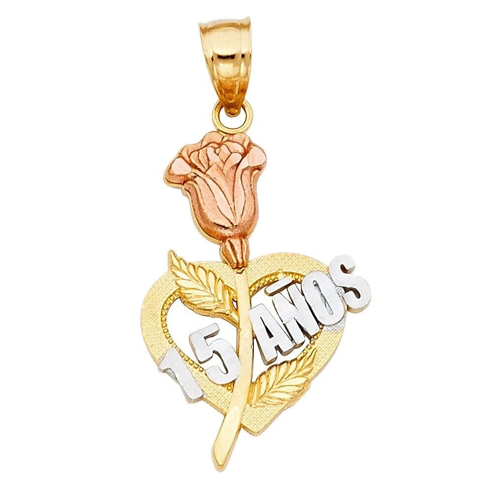 NEW 14K TRI COLOR GOLD 15 YEARS HEART PENDANT: NEW 14K TRI COLOR GOLD 15 YEARS HEART PENDANT 15 YEARS HEART PENDANT NEW 14K TRI COLOR GOLD Height : 25 mm Width : 17 mm Apx. WEIGHT : 1.8g