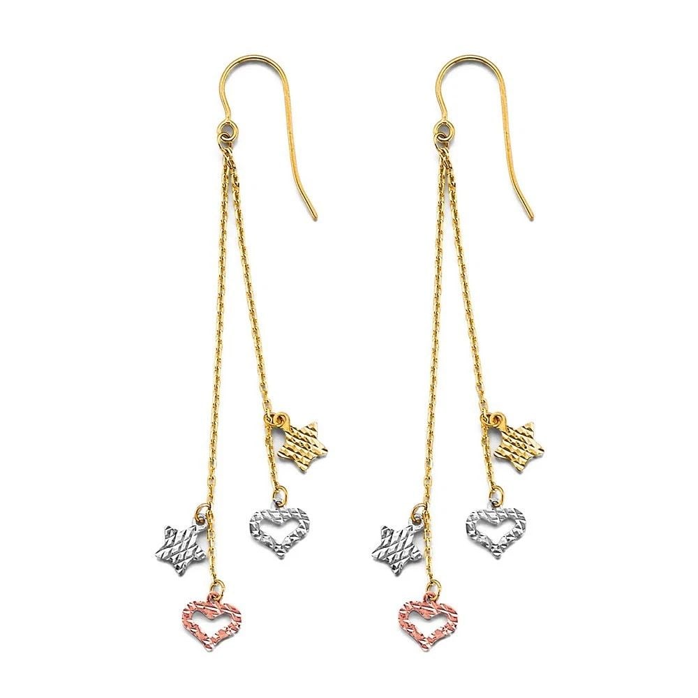 NEW 14K TRI COLOR GOLD HANGING HEART & STAR EARRINGS (1 of 2)