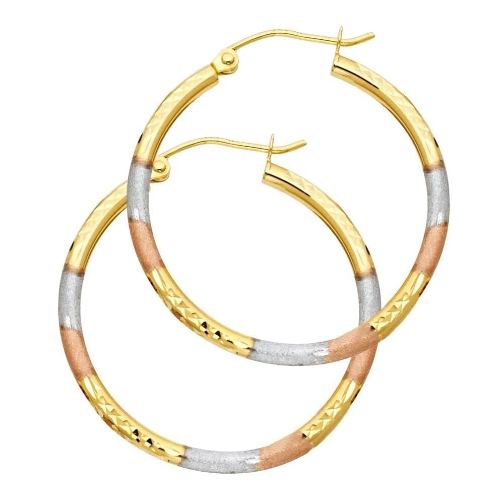 NEW 14K TRI COLOR GOLD 2MM ROUND TUBE DC ROUND HOOP EARRINGS (25MM): NEW 14K TRI COLOR GOLD 2MM ROUND TUBE DC ROUND HOOP EARRINGS (25MM) 2MM ROUND TUBE DC ROUND HOOP EARRINGS (25MM) NEW 14K TRI COLOR GOLD HEIGHT - 25 mm WIDTH - 25 mm Apx WEIGHT - 1.4 g