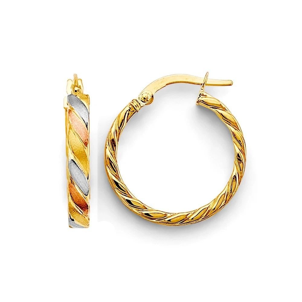NEW 14K TRI COLOR GOLD BRAIDED HOOP EARRINGS: NEW 14K TRI COLOR GOLD BRAIDED HOOP EARRINGS BRAIDED HOOP EARRINGS NEW 14K TRI COLOR GOLD HEIGHT - 20 mm WIDTH - 20 mm Apx WEIGHT - 1.4 g