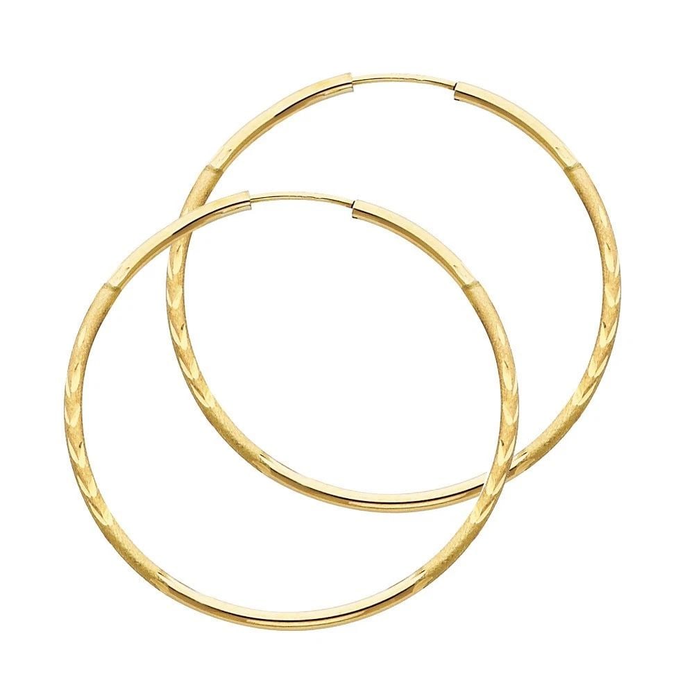 NEW 14K YELLOW GOLD 1.5MM BUDDED DC ENDLESS HOOP EARRINGS (38MM): NEW 14K YELLOW GOLD 1.5MM BUDDED DC ENDLESS HOOP EARRINGS (38MM) 1.5MM BUDDED DC ENDLESS HOOP EARRINGS (38MM) NEW 14K YELLOW GOLD HEIGHT - 35 mm WIDTH - 35 mm Apx WEIGHT - 1.4 g
