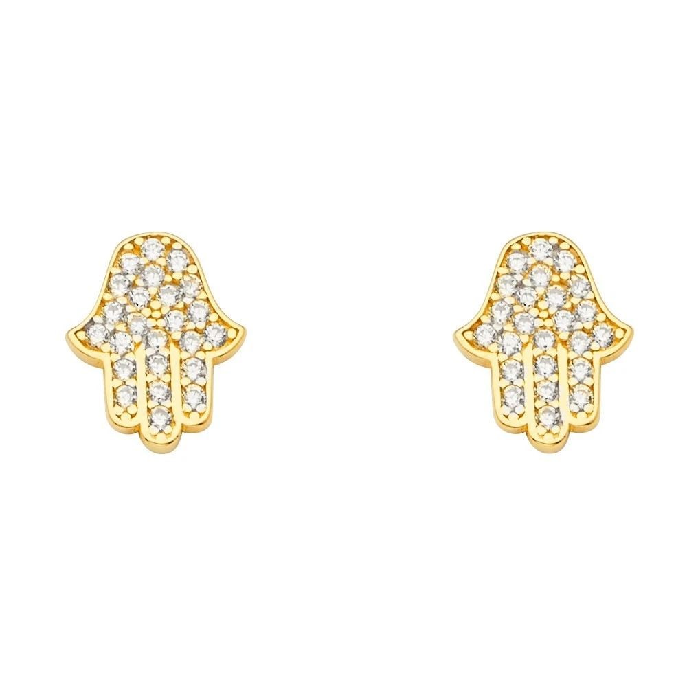 NEW 14K YELLOW GOLD HAMSA EARRINGS WITH PUSH BACK: NEW 14K YELLOW GOLD HAMSA EARRINGS WITH PUSH BACK HAMSA EARRINGS WITH PUSH BACK NEW 14K YELLOW GOLD HEIGHT - 10 mm WIDTH - 7 mm Apx WEIGHT - 1.4 g