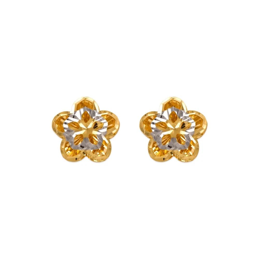 NEW 14K TWO TONE GOLD DIAMOND CUT FLOWER STUD EARRINGS: NEW 14K TWO TONE GOLD DIAMOND CUT FLOWER STUD EARRINGS DIAMOND CUT FLOWER STUD EARRINGS NEW 14K TWO TONE GOLD Width: Approx. 12mm Apx WEIGHT: 1.8g
