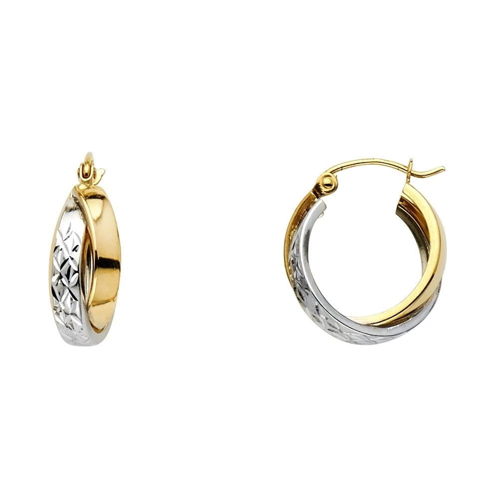 NEW 14K TWO TONE GOLD DC 2LNE EXTRA SHAPE HOOP EARRINGS (16MM): NEW 14K TWO TONE GOLD DC 2LNE EXTRA SHAPE HOOP EARRINGS (16MM) DC 2LNE EXTRA SHAPE HOOP EARRINGS (16MM) NEW 14K TWO TONE GOLD Height : 12 mm Width : 12 mm Weight : 1.3g