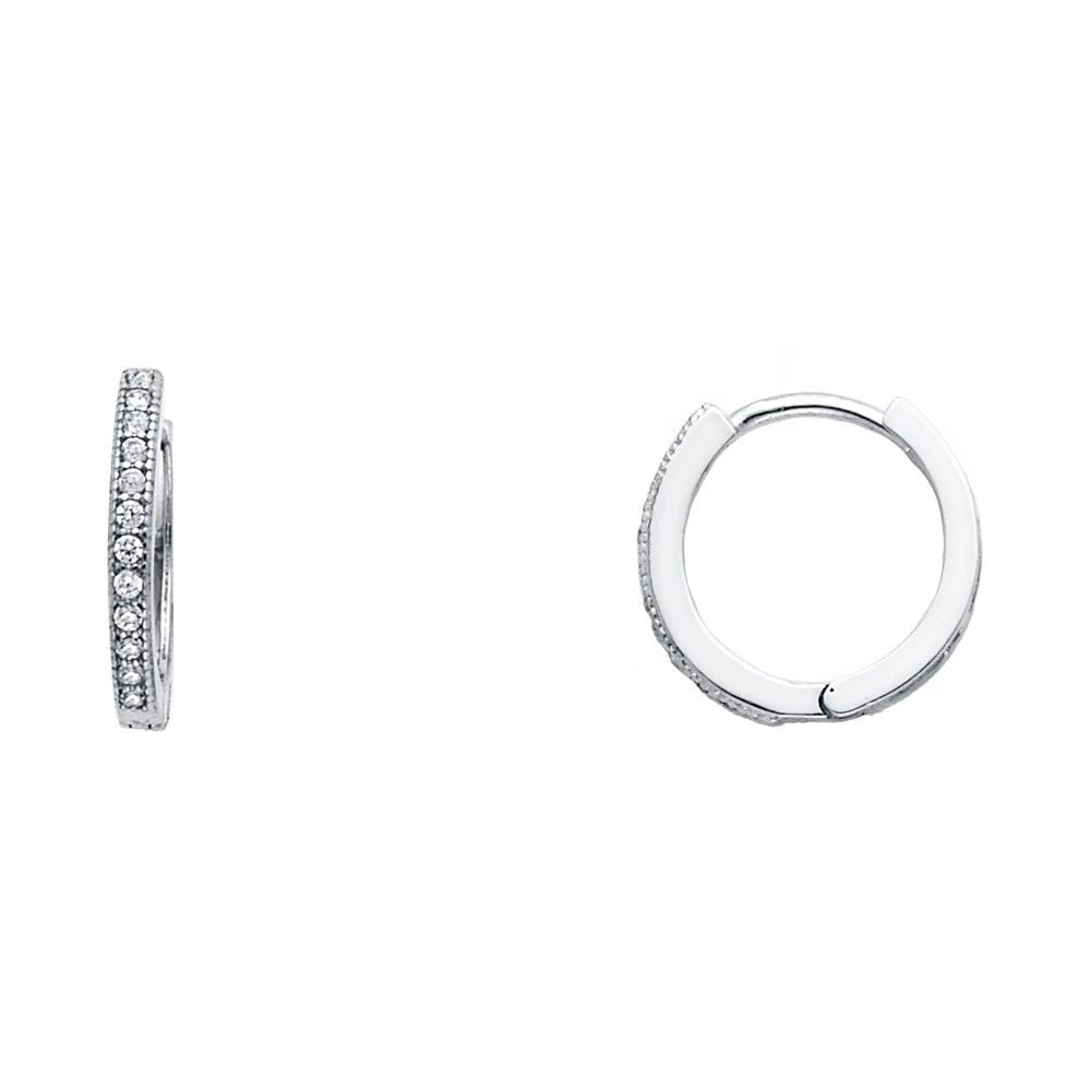 NEW 14K WHITE GOLD ROUND PAVE HUGGIES EARRINGS: NEW 14K WHITE GOLD ROUND PAVE HUGGIES EARRINGS ROUND PAVE HUGGIES EARRINGS NEW 14K WHITE GOLD Height : 12 mm Width : 12 mm Weight : 1.2g