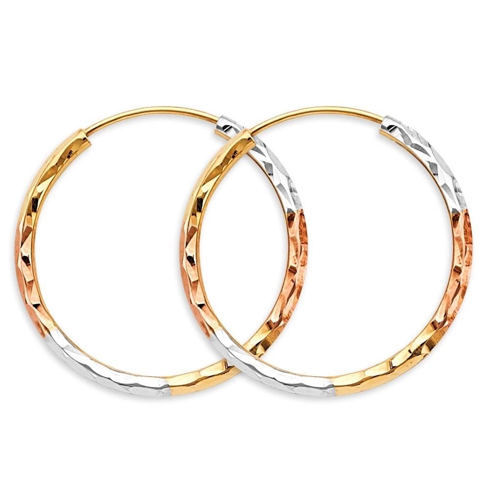 NEW 14K TRI COLOR GOLD 1.8MM TUBE DC ENDLESS HOOP EARRINGS: NEW 14K TRI COLOR GOLD 1.8MM TUBE DC ENDLESS HOOP EARRINGS 1.8MM TUBE DC ENDLESS HOOP EARRINGS NEW 14K TRI COLOR GOLD HEIGHT - 25 mm WIDTH - 25 mm Apx WEIGHT - 1.2 g