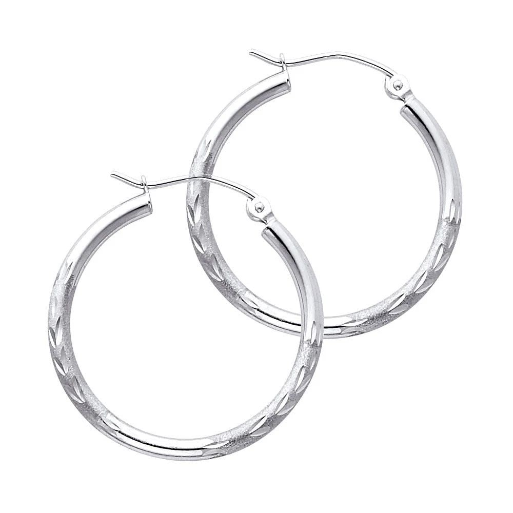 NEW 14K WHITE GOLD 2MM BUDDED DC ROUND TUBE HOOP EARRINGS (25MM): NEW 14K WHITE GOLD 2MM BUDDED DC ROUND TUBE HOOP EARRINGS (25MM) 2MM BUDDED DC ROUND TUBE HOOP EARRINGS (25MM) NEW 14K WHITE GOLD Height : 20 mm Width : 20 mm Weight : 1.2g