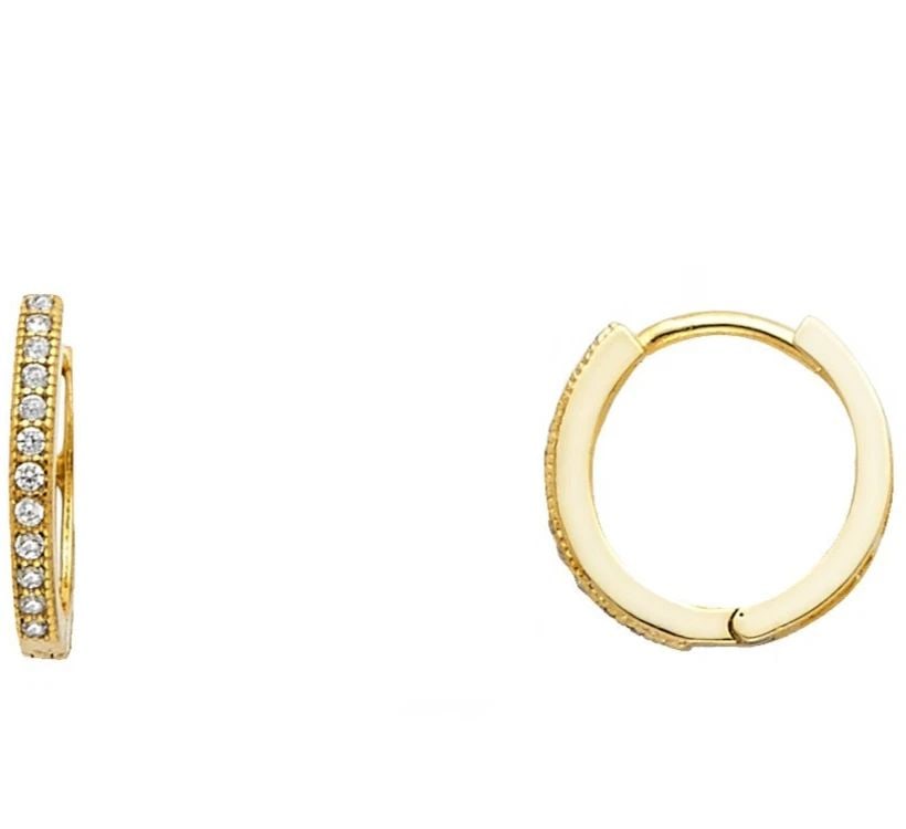 NEW 14K YELLOW GOLD ROUND PAVE HUGGIES EARRINGS: NEW 14K YELLOW GOLD ROUND PAVE HUGGIES EARRINGS ROUND PAVE HUGGIES EARRINGS NEW 14K YELLOW GOLD HEIGHT - 12 mm WIDTH - 12 mm Apx WEIGHT - 1.2 g