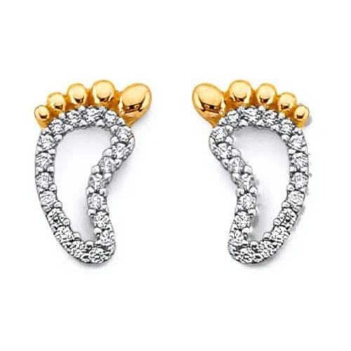 NEW 14K TWO TONE GOLD FOORPRINTS PUSH BACK EARRINGS (1 of 2)