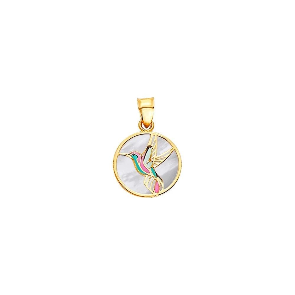 NEW 14K YELLOW GOLD HUMMING BIRD ROUND MEDAL ON MOTHER OF PEARL (1 of 2)