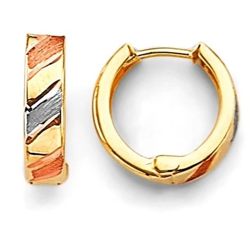 NEW 14K TRI COLOR GOLD HUGGIES EARRINGS: NEW 14K TRI COLOR GOLD HUGGIES EARRINGS HUGGIES EARRINGS NEW 14K TRI COLOR GOLD Height : 12 mm Width : 12 mm Weight : 1.2g