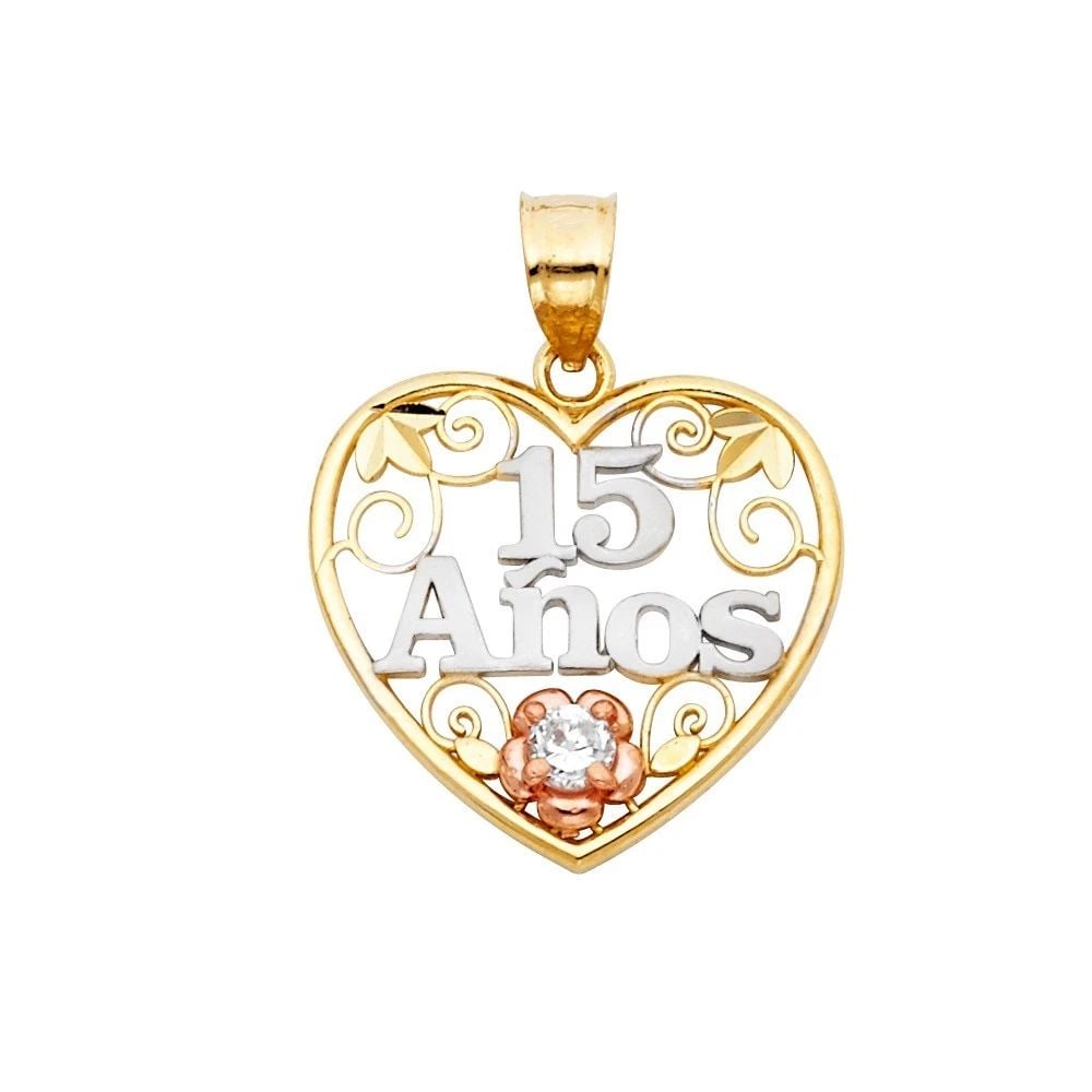 NEW 14K TRI COLOR GOLD 15 YEARS HEART PENDANT: NEW 14K TRI COLOR GOLD 15 YEARS HEART PENDANT 357 15 YEARS HEART PENDANT 357 NEW 14K TRI COLOR GOLD Height : 20 mm Width : 20 mm Apx. WEIGHT : 1.6g