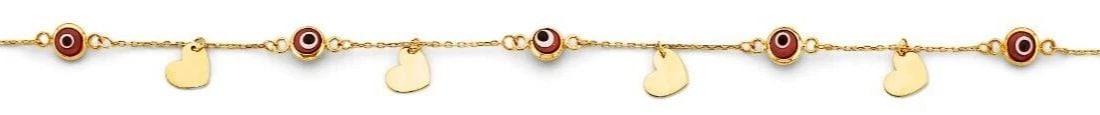 NEW 14K YELLOW GOLD RED EVIL EYE & HEART CHARMS BRACELET (1 of 2)