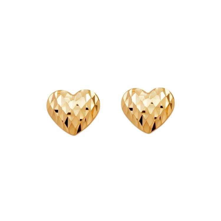 NEW 14K YELLOW GOLD DIAMOND CUT HEART STUD EARRINGS: NEW 14K YELLOW GOLD DIAMOND CUT HEART STUD EARRINGS DIAMOND CUT HEART STUD EARRINGS NEW 14K YELLOW GOLD Width: Approx. 9x9mm Apx WEIGHT: 1.6g