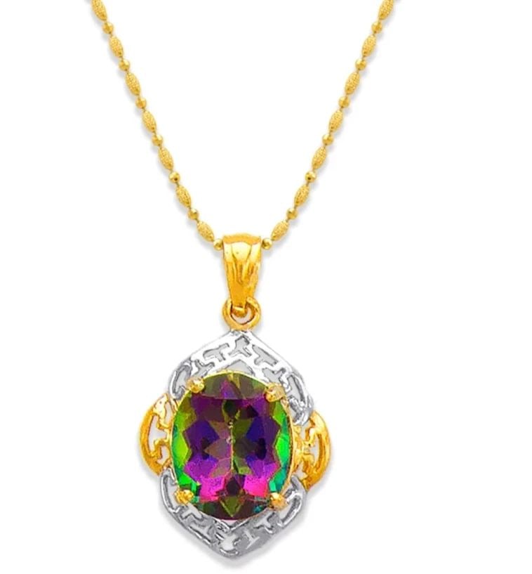 NEW 14K TWO TONE GOLD MYSTIC TOPAZ PENDANT: NEW 14K TWO TONE GOLD MYSTIC TOPAZ PENDANT MYSTIC TOPAZ PENDANT NEW 14K TWO TONE GOLD Apx. WIDTH: 13x16mm Apx WEIGHT: 1.6g