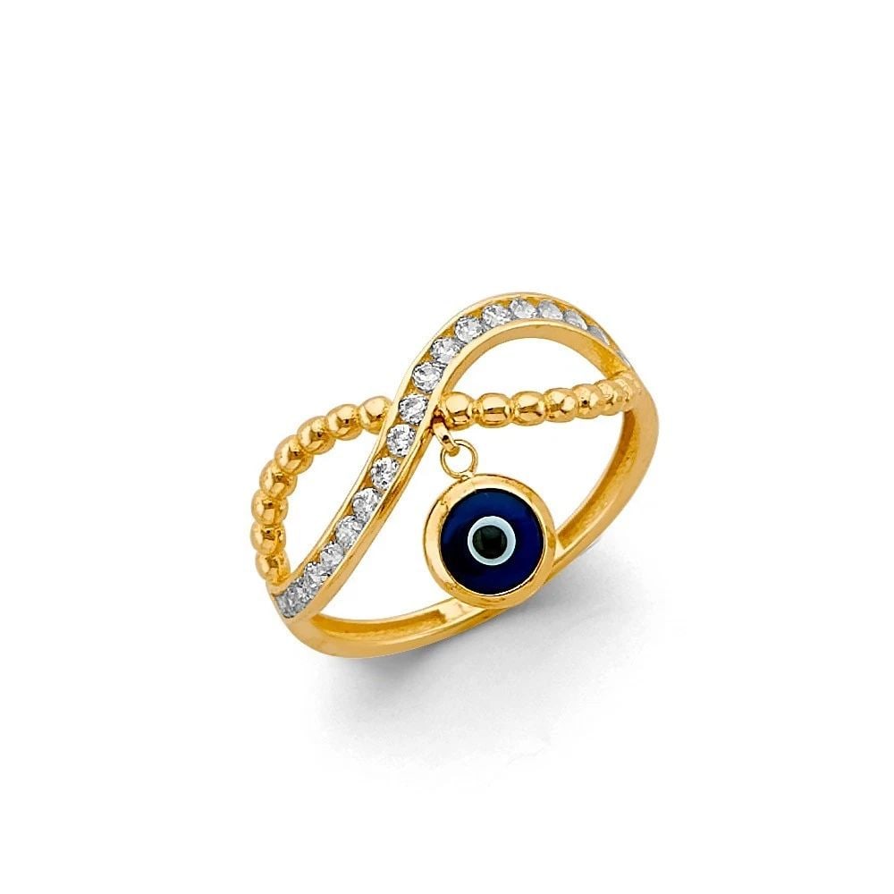 NEW 14K YELLOW GOLD HANGING EVIL EYE RING -SIZE 7 (1 of 2)