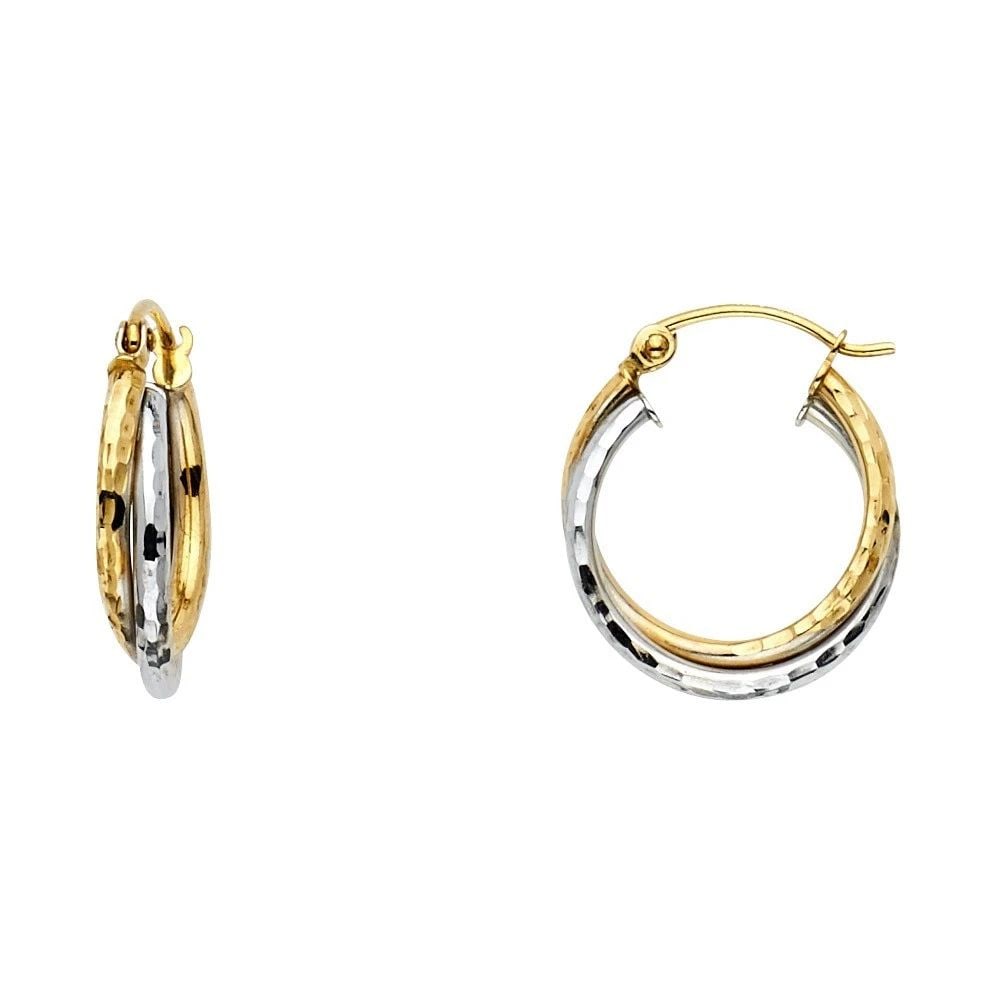 NEW 14K TWO TONE GOLD 3 LINE BRAIDED HOOP EARRINGS: NEW 14K TWO TONE GOLD 3 LINE BRAIDED HOOP EARRINGS 3 LINE BRAIDED HOOP EARRINGS NEW 14K TWO TONE GOLD Height : 15 mm Width : 15 mm Weight : 1.2g
