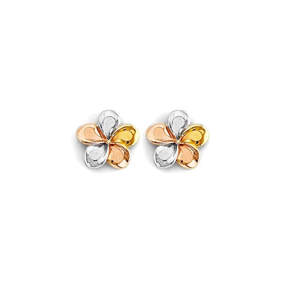 NEW 14K TRI COLOR GOLD FLOWER PUSH BACK EARRINGS: NEW 14K TRI COLOR GOLD FLOWER PUSH BACK EARRINGS FLOWER PUSH BACK EARRINGS NEW 14K TRI COLOR GOLD HEIGHT - 7 mm WIDTH - 8 mm Apx WEIGHT - 1.2 g