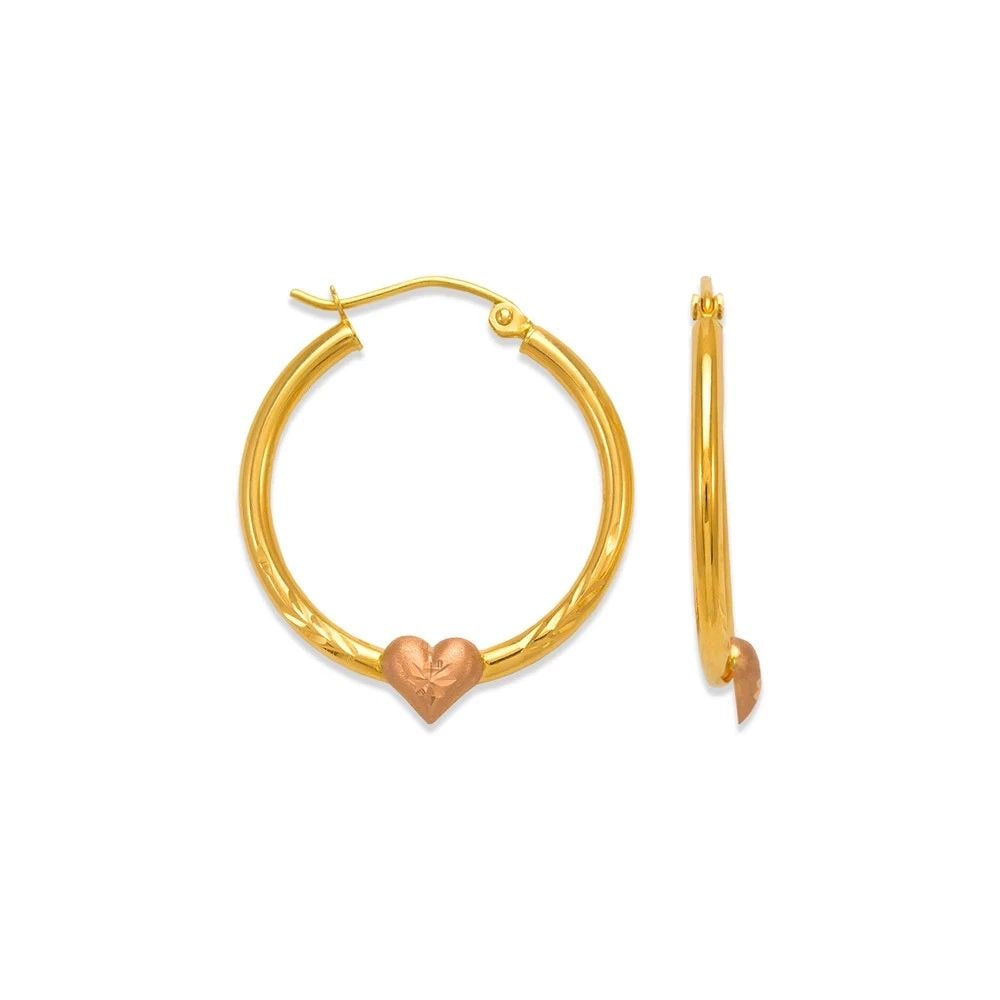 NEW 14K TWO TONE GOLD 2MM ROUND TUBE HEART HOOP EARRINGS: NEW 14K TWO TONE GOLD 2MM ROUND TUBE HEART HOOP EARRINGS 2MM ROUND TUBE HEART HOOP EARRINGS NEW 14K TWO TONE GOLD Width: Approx. 2mm AVERAGE Apx WEIGHT: 1.2g