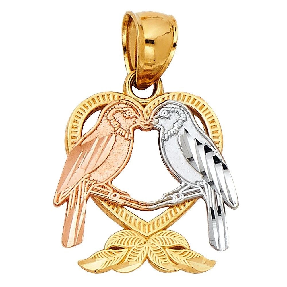 NEW 14K TRI COLOR GOLD HEART WITH BIRD PENDANT: NEW 14K TRI COLOR GOLD HEART WITH BIRD PENDANT HEART WITH BIRD PENDANT NEW 14K TRI COLOR GOLD Height : 20 mm Width : 15 mm Apx. WEIGHT : 1.5g