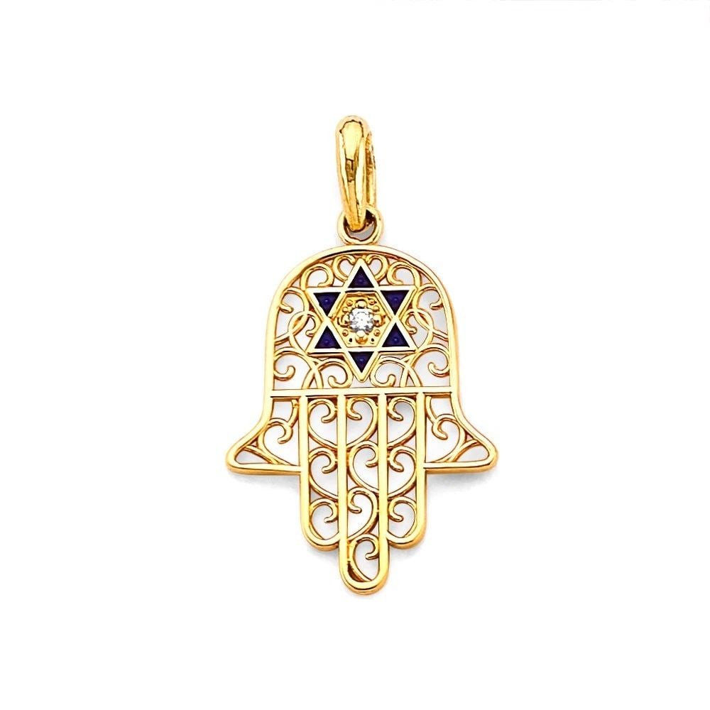 NEW 14K YELLOW GOLD ENAMEL HAMSA HAND PENDANT: NEW 14K YELLOW GOLD ENAMEL HAMSA HAND PENDANT ENAMEL HAMSA HAND PENDANT NEW 14K YELLOW GOLD Height : 25 mm Width : 15 mm Apx. WEIGHT : 1.5g