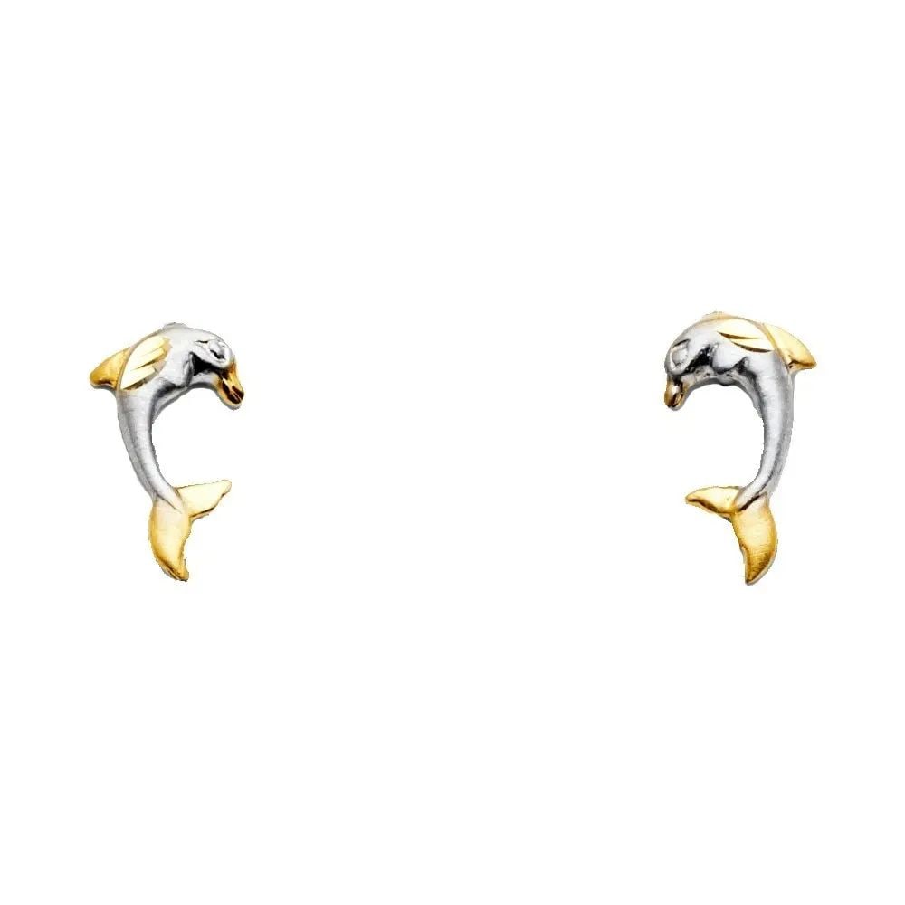 NEW 14K TWO TONE GOLD DOLPHIN POST EARRINGS: NEW 14K TWO TONE GOLD DOLPHIN POST EARRINGS DOLPHIN POST EARRINGS NEW 14K TWO TONE GOLD Height : 12 mm Width : 7 mm Weight : 1.1g