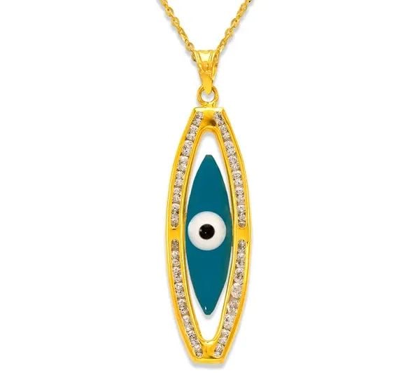 NEW 14K YELLOW GOLD EVIL EYE ENAMEL PENDANT: NEW 14K YELLOW GOLD EVIL EYE ENAMEL PENDANT EVIL EYE ENAMEL PENDANT NEW 14K YELLOW GOLD Apx. WIDTH: 11x33mm Apx WEIGHT: 1.5g