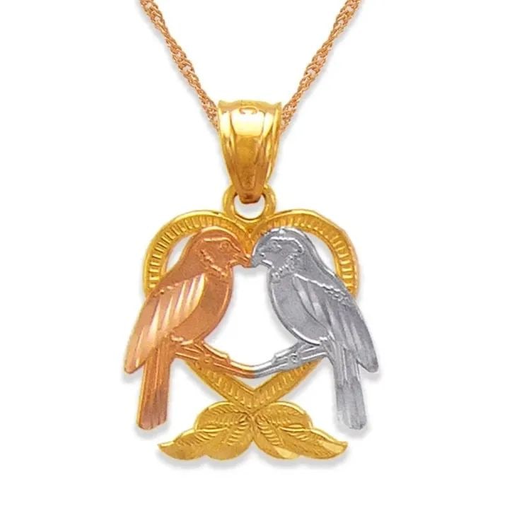 NEW 14K TRICOLOR GOLD TWO DOVES KISSING IN A HEART PENDANT: NEW 14K TRICOLOR GOLD TWO DOVES KISSING IN A HEART PENDANT TWO DOVES KISSING IN A HEART PENDANT NEW 14K TRICOLOR GOLD Apx. WIDTH: 15x15mm Apx WEIGHT: 1.5g