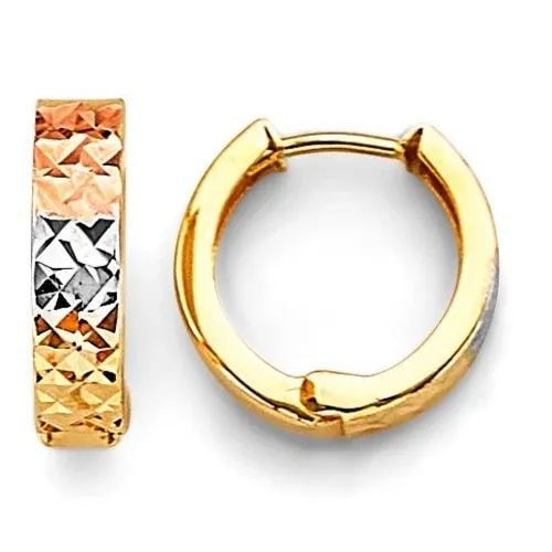 NEW 14K TRI COLOR GOLD HUGGIES EARRINGS: NEW 14K TRI COLOR GOLD HUGGIES EARRINGS HUGGIES EARRINGS NEW 14K TRI COLOR GOLD Height : 12 mm Width : 12 mm Weight : 1.1g