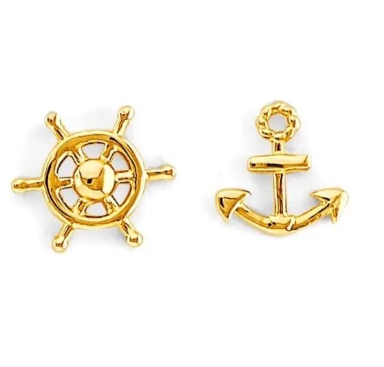 NEW 14K YELLOW GOLD ANCHOR & WHEEL PUSH BACK EARRINGS (1 of 2)