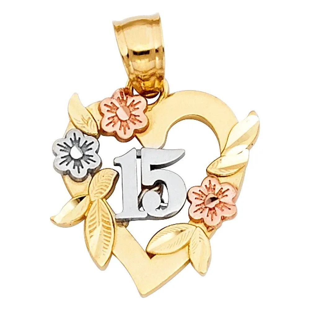NEW 14K TRI COLOR GOLD 15 YEARS HEART PENDANT (1 of 2)