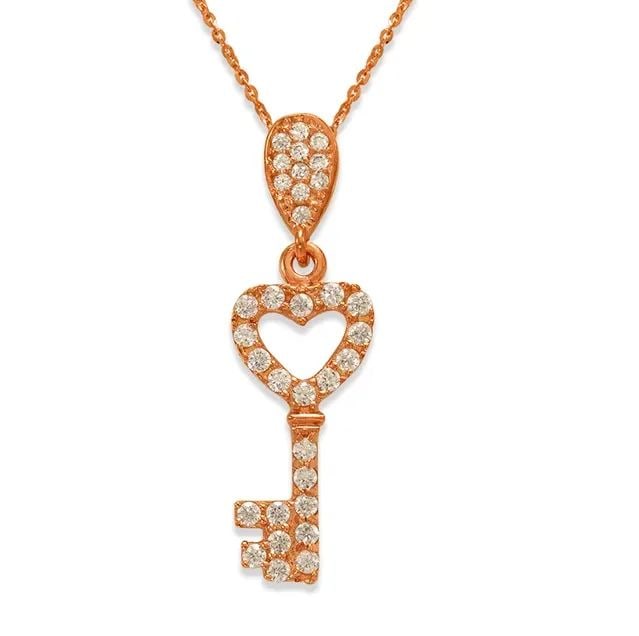 NEW 14K ROSE GOLD FANCY ROSE HEART KEY PENDANT (1 of 2)