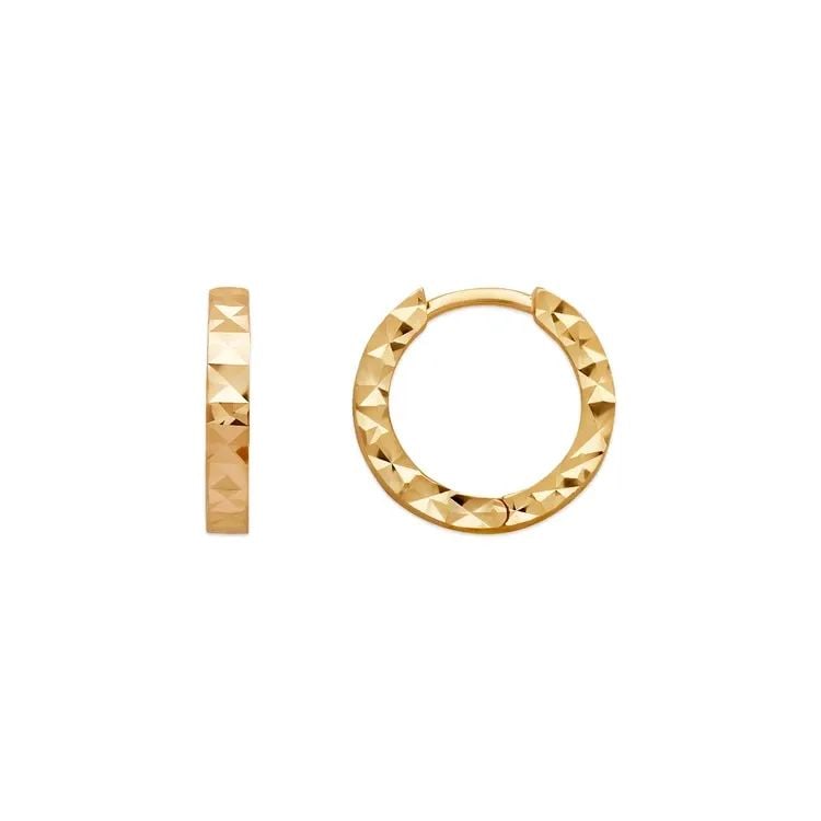 NEW 14K YELLOW GOLD 12MM DIAMOND CUT HUGGIE EARRINGS: NEW 14K YELLOW GOLD 12MM DIAMOND CUT HUGGIE EARRINGS 12MM DIAMOND CUT HUGGIE EARRINGS NEW 14K YELLOW GOLD Width: Approx. 1.5x12mm Apx WEIGHT: 1.4g