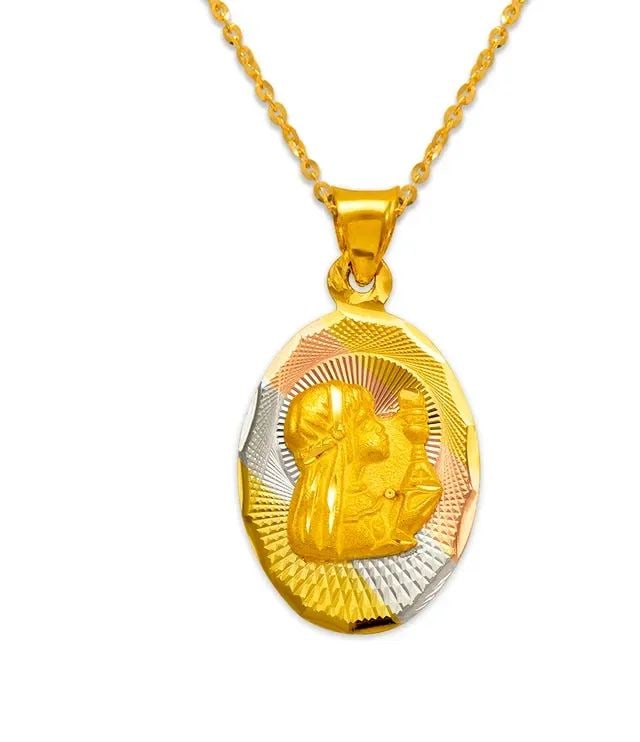 NEW 14K TRICOLOR GOLD OVAL GIRL COMMUNION: NEW 14K TRICOLOR GOLD OVAL GIRL COMMUNION OVAL GIRL COMMUNION NEW 14K TRICOLOR GOLD Apx. WIDTH: 13x18mm Apx WEIGHT: 1.4g