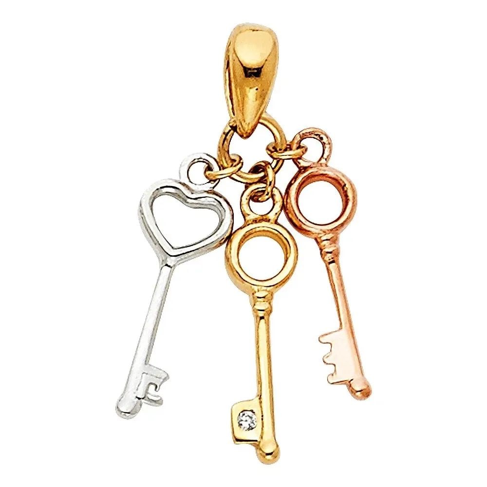 NEW 14K TRI COLOR GOLD 3KEYS PENDANT: NEW 14K TRI COLOR GOLD 3KEYS PENDANT 3KEYS PENDANT NEW 14K TRI COLOR GOLD Height : 20 mm Width : 10 mm Apx. WEIGHT : 1.1g